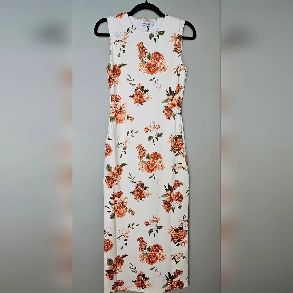 WeWoreWhat MUSCLE TANK MIDI DRESS NEUTRAL FLORAL IVORY MULTI, Size Small
